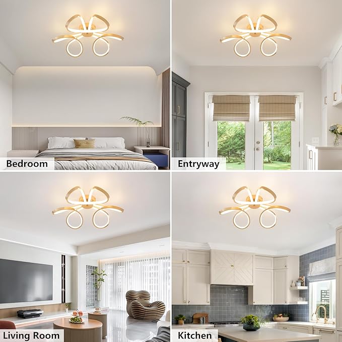 Q&S Modern Dining Room Light Fixture,Kitchen Led Ceiling Light,Dimmable Gold Flush Mount Ceiling Light Fixture for Bedroom with Remote,Led Chandelier for Living Room Hallway 3-Color Change