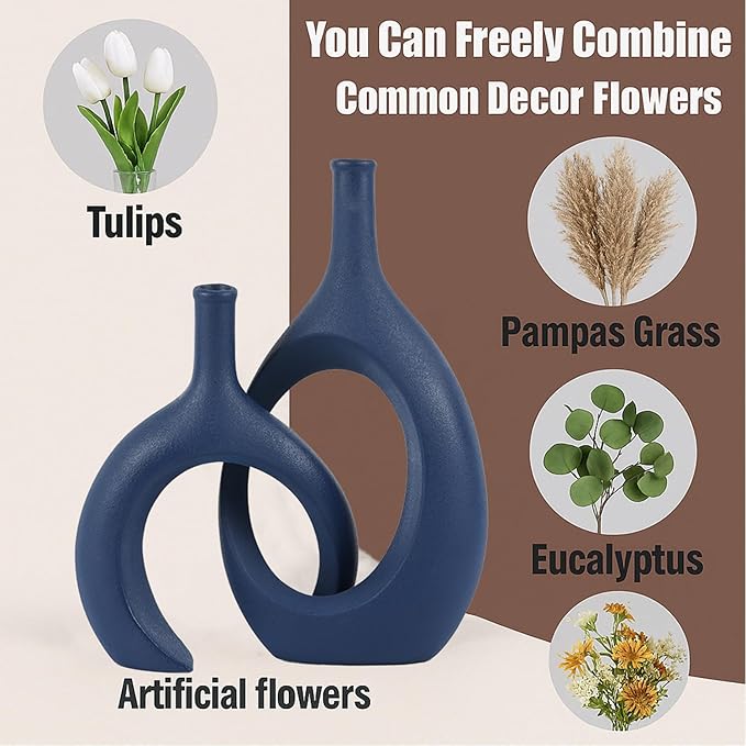 Blue Ceramic Vase Set of 2 - Modern Navy Blue Vase for Dining Table Centerpieces, Farmhouse and Home Decor, Office Partitions, Mantelpiece, Entrance Decoration