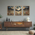 HPINUB Wildflower Moon Pine Tree Framed Canvas Wall Art Set,Nature Forest Wall Decor,Mystical Starry Night Artwork Rustic Mountain Landscape Art Print for Living Room,Bedroom,Office-24 x36 x3