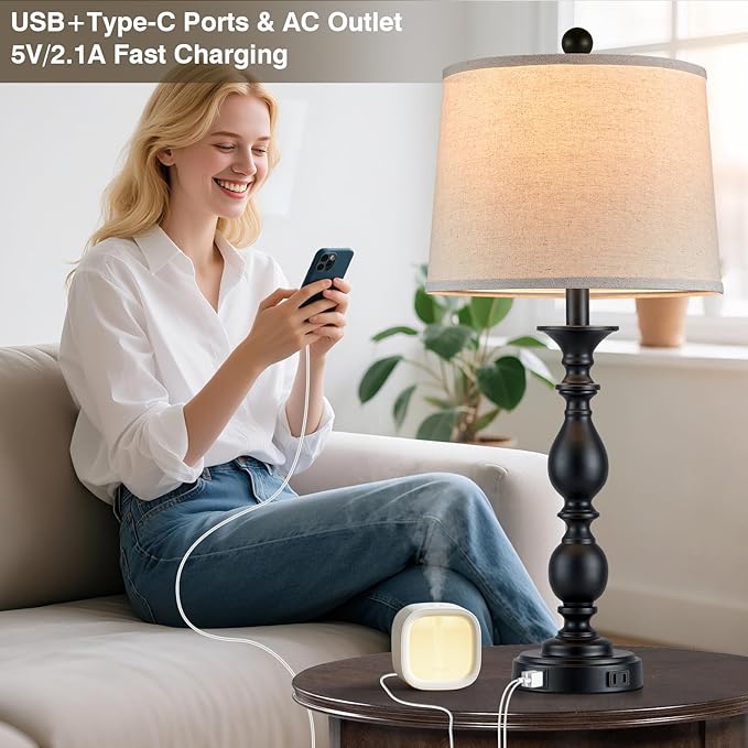 28" Tall Modern Table Lamps Set of 2 with USB C+A Ports and AC Outlet, 3 Way Touch Metal Bedside Lamps for Living Room, Black Farmhouse Nightstand Lamps for Bedroom