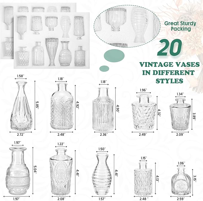 20 Pcs Glass Bud Vase Set Small Vintage Flower Vase in Bulk for Centerpieces Rustic Decorative Glass for Wedding Table Home Christmas Decoration (Clear)