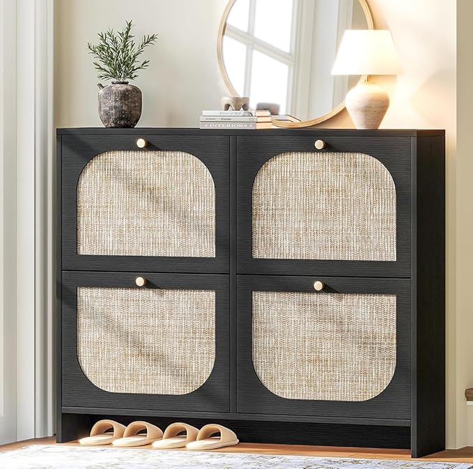 Nicetree Freestanding Arched Rattan Accent Ultra Slim Shoe Cabinet for Entryway - 4 Flip Drawers & 3-Tier Adjustable Shelves, Farmhouse Modern Rustic Shoe Rack for Hallway, Foyer, Living Room