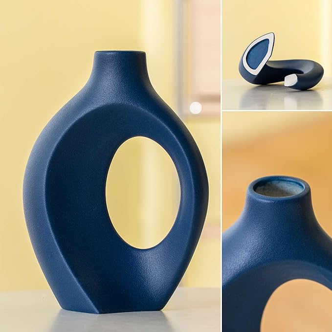 Levvohd Snuggle Hollow Ceramic Vase Set of 2, 8.4 inch Modern Nordic Coastal Shaped Pampas Grass Aesthetic Decorative Table Vases for Home Decor (Matte Navy Blue - M)