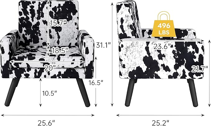 Kromax Mid-Century Modern Accent Chair for Living Room, 496 Lb. Weight Capacity, Dual Armrests, Comfy Extra Large Seat, Timeless Style Perfect for Reading & Relaxing, Cow Pattern