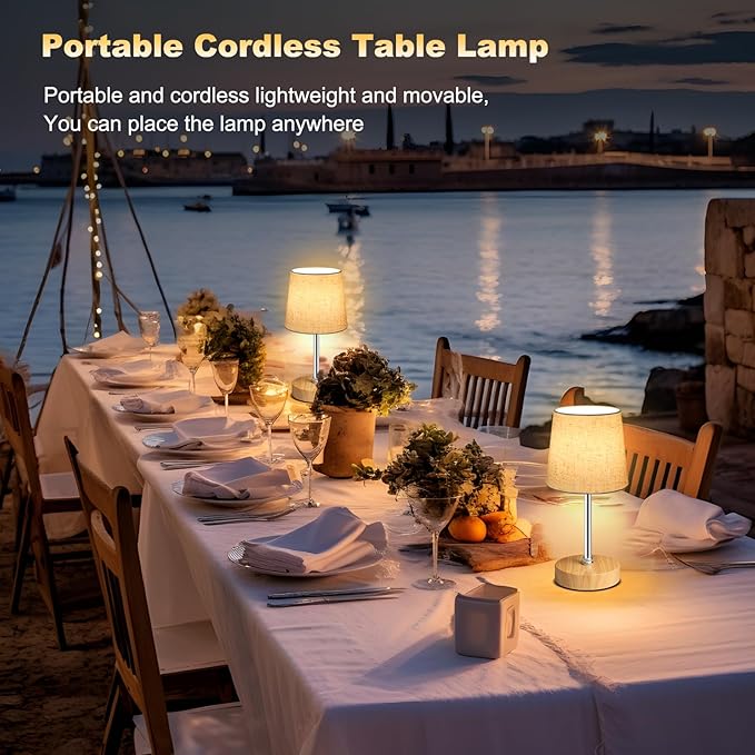 Small Cordless Table Lamp,5000mAh Rechargeable Battery Operated Desk Lamp,3 Colors & 7 RGB Stepless Dimmable, Portable Touch Bedside Night Light for Patio Restaurant Home,Wood Base,Flaxen Shade