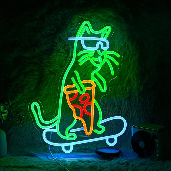 Skateboard Cat Neon Sign LED Cool Glasses Cat Neon Light for Wall Decor Pizza Neon Light Sign Dimmable USB Cat Pizza Light Up Sign for Bedroom Pizza Restaurant Pet Shop Gift (16.7 "*12.2 ")
