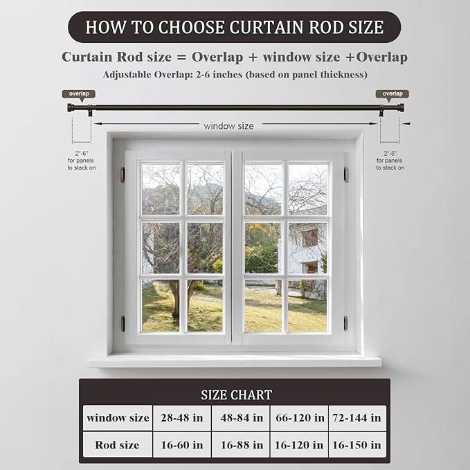 Oneach Brown Curtain Rods for Windows 48 to 84 Inch, 1 Inch Pole Adjustable Length Heavy Duty Metal Curtain Rod Set, for Outdoor Bedroom Kitchen Living Room (16 to 88 Inch)