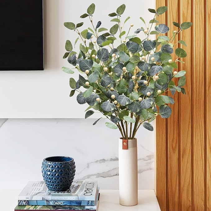 6 PCS 27.5" Artificial Eucalyptus Stems with Berries, Faux Eucalyptus Branches Fake Greenery Plants Stems for Vase Home Party Wedding Spring Decorations