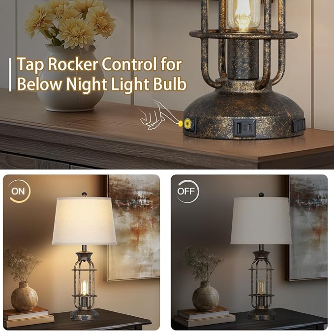 28" Vintage Table Lamps for Living Room, Industrial Farmhouse Table Lamp with USB C+A Ports & Outlet, Rustic Nightstand Bedside Lamps with 2 Night Light for Bedroom End Tables Bronze, 4 Bulbs Included