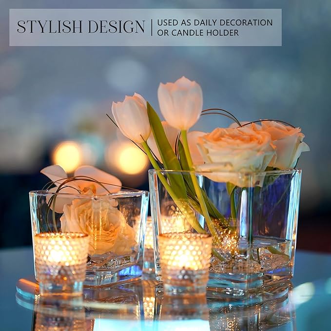 KEYWING 6 Pack Square Glass Vase 5" x 5" x 5", Clear Flower Vases for Centerpieces, Square Flower Vase Candle Holder for Wedding, Party, Home Office Decoration