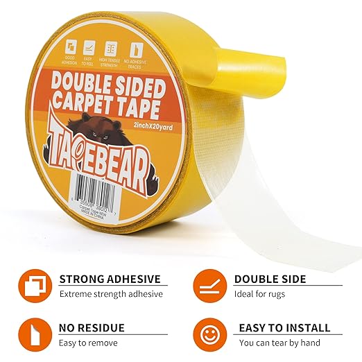 TAPEBEAR Double Sided Carpet Tape 2Inch x 20Yards, Heavy Duty Rug Tape Residue-Free Carpet Gripper for Area Rugs, Wood, Floor, Multipurpose Gripper Non Slip Tape