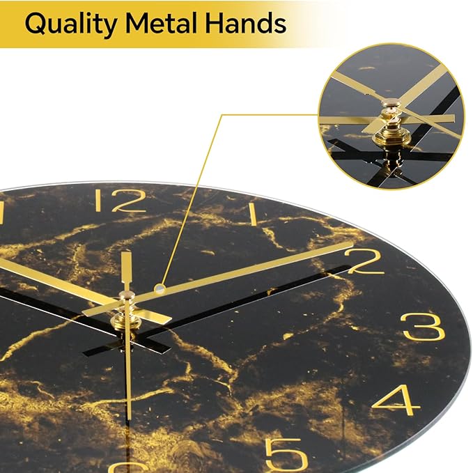 VIKMARI Black Modern Marble Texture Clock Gold Hands Rustic Kitchen Decor 12 Inch Wall Clock Battery Operated Non-Ticking Large Round Quartz Golden Decorative for Office Bedroom, Living Room