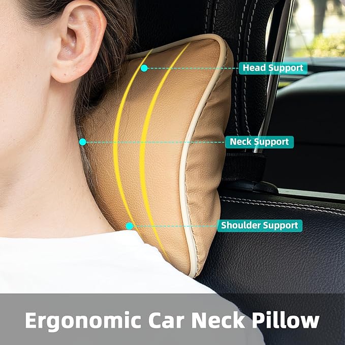 Car Neck Pillow, Car Headrest Pillow for Driving with 2.2" Rear View Blind Spot Mirrors, Memory Foam Car Pillow for Cervical Support, Vehicle Headrest Pillow for Car Seat, Beige