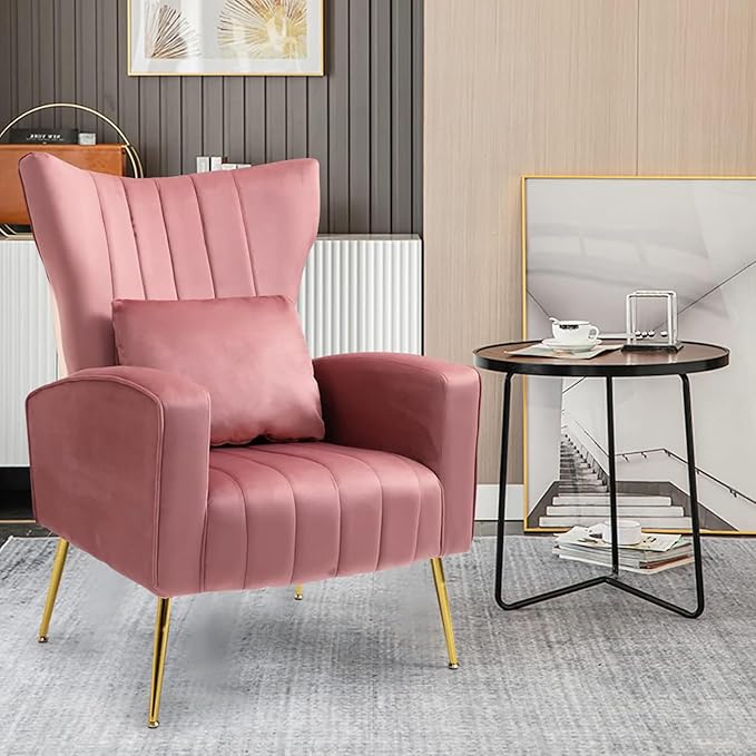 X-VOLSPORT Velvet Accent Chair, Mid Century Modern Wing Back Living Room Chair with Waist Pillow, Upholstered Arm Chair with Metal Gold Legs for Bedroom, Club, Pink