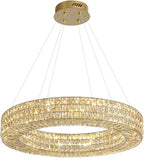 Dia 24" Modern Crystal Chandelier Gold Ring Chandelier Adjustable Height Luxury Crystal Pendant Ceiling Light Fixture for Dining Living Room Bedroom