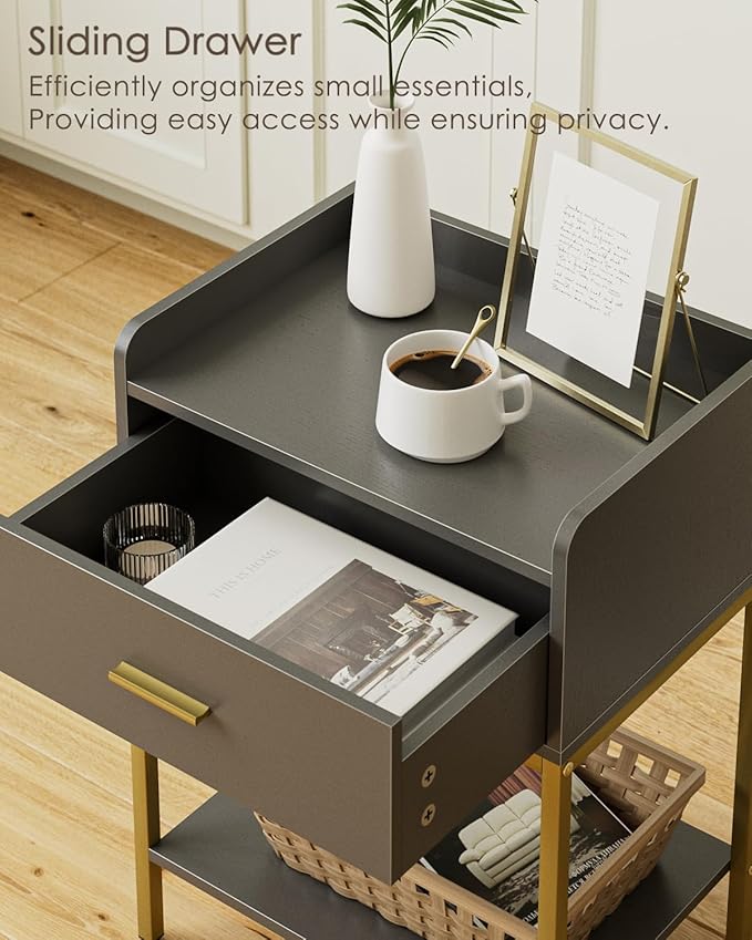 Masupu Grey Nightstand,3-Tier Modern Bedside Table Night Stand with Storage Drawer and Shelf,Small End Side Table for Bedroom,Living Room,(Without Outlet,)