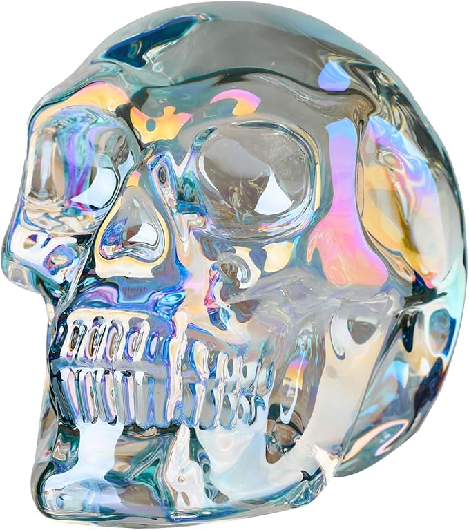 Crystal Halloween Skull Skeleton Decor, Glass Skull Gifts for Men Home Decorations with Gift Box, Art Glass Day of The Dead Skull Halloween Paperweights Collectibles (Clear)
