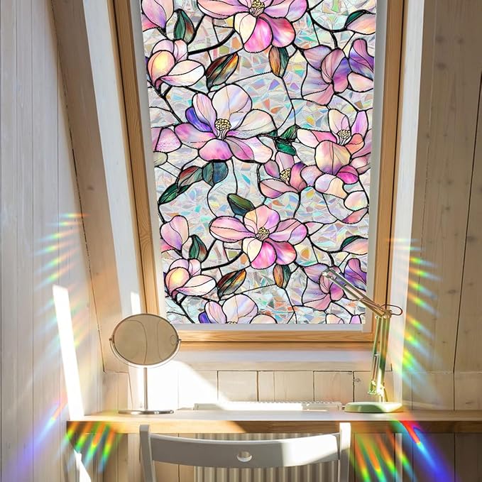 Decorative Orchid Flower Stained Static Glass Window Clings Stickers for Home Office Living Room Bedroom Glass Windows Door Decor 16.93 x 39.37 Inches