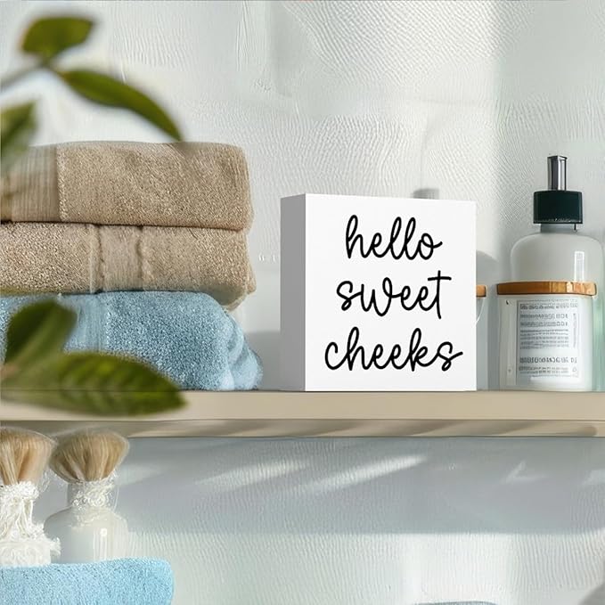 Hello Sweet Cheeks Bathroom Decor, Funny Bathroom Signs Decoration, Black and White Bathroom Decoration, Bathrooms Decor for Shelves, Wooden Box Decoration Sign for Home Farmhouse Living Room Table