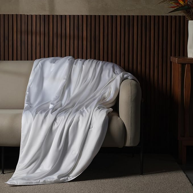 EP Mode Mulberry Silk Filled Quilt with 100% Viscose from Bamboo Fabric, Natural Lightweighted Cooling Comforter (White, Throw 50” X 65”)