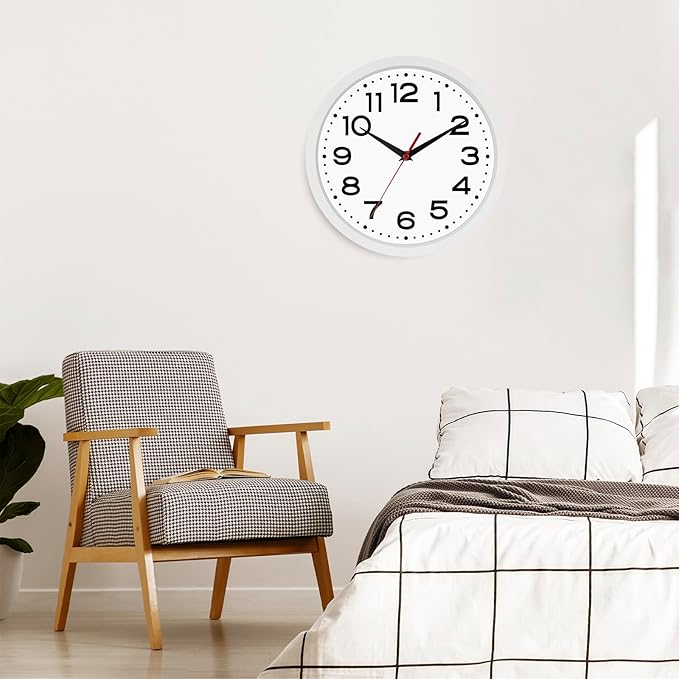 Wall Clock Silent Non-Ticking Modern Clock Battery Operated 10 Inch Small Classic Analog Decorative for Kitchen, Living Room, Office, Bedroom, Bathroom (White)