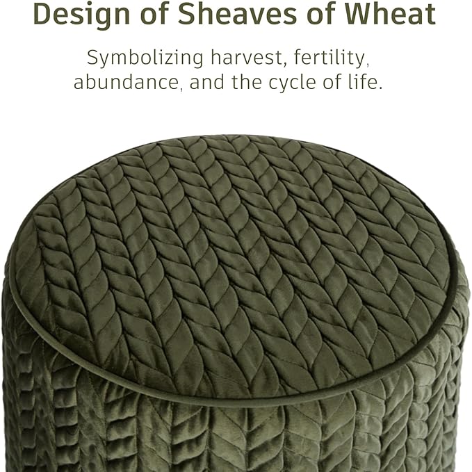 Modern Round Ottoman 2Pcs, Braided-Tufted Foot Stool Ottoman, Velvet Upholstered Vanity Stool for Makeup, Bedroom, Living Room, Dark Green