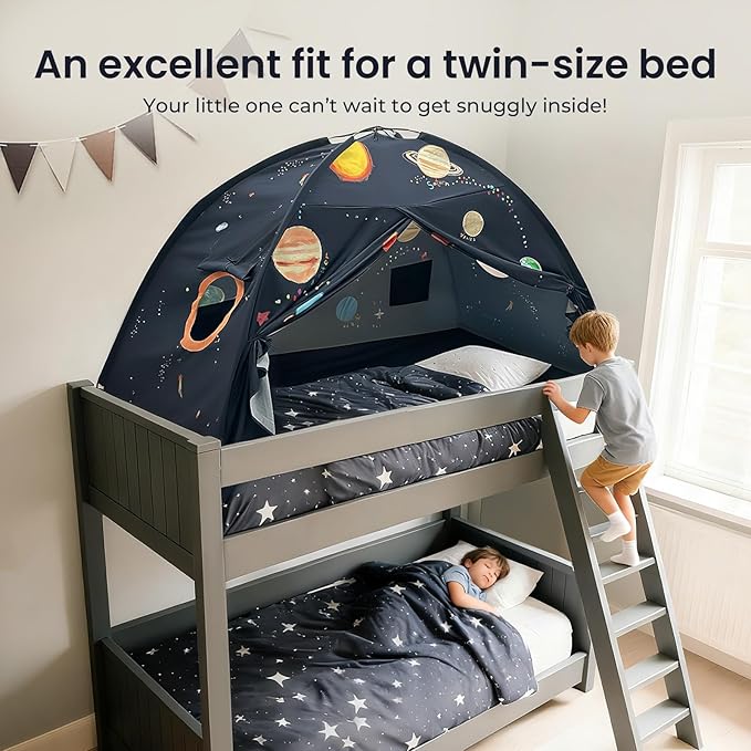 Tiny Land Space Galaxy Bed Tent for Kids – Sleep Bed Canopy with 9 Planets Design, Easy-to-Install Indoor Kids Play Tent, Imaginative Playhouse, Ideal Gift for Boys & Girls – 77" x 40" x 46"