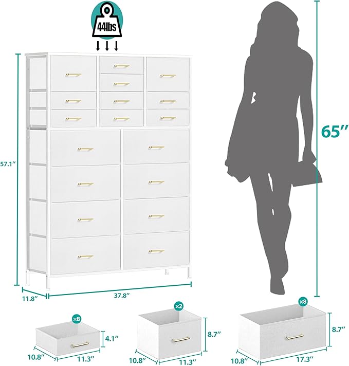 Large Dresser for Bedroom with 18 Drawers, Tall Fabric Storage Cabinet, Chest of Drawers for Closet, Nursery, Bedside, Living Room, Entryway, Hallway (White)