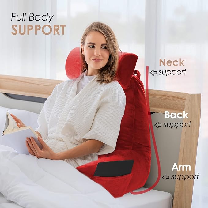 Nestl Reading Pillow Large Bed Pillow, Back Pillow for Sitting in Bed Shredded Memory Foam Chair Pillow, Reading & Bed Rest Pillows Cherry Red Back Pillow for Bed, Bed Chair Arm Pillow with Pockets