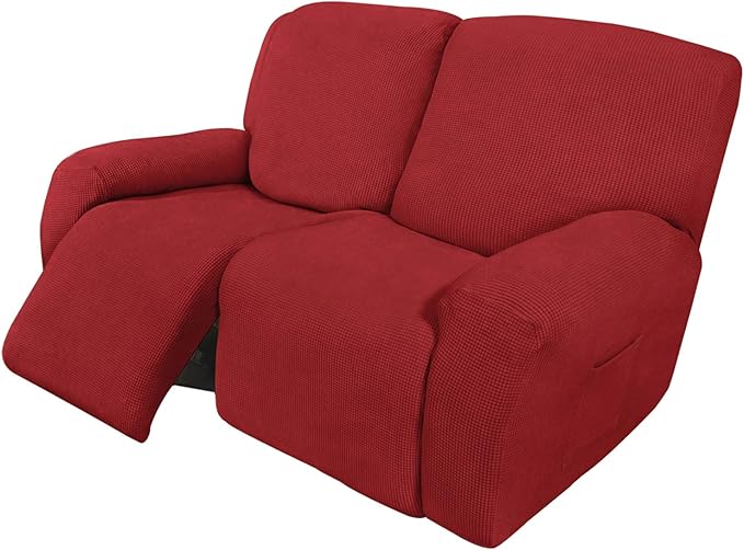 Easy-Going 6 Pieces Recliner Loveseat Stretch Sofa Slipcover Sofa Cover Furniture Protector Couch Soft with Elastic Bottom Kids, Spandex Jacquard Fabric Small Checks Christmas Red