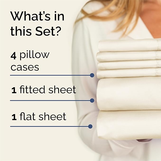 Queen Sheets Set 6 Piece - Includes 4 Pillowcases - Bed Sheets Queen Size - Soft Hotel Luxury Bedding - Cooling, Comfy, Cozy & Breathable - 1 Flat, 1 Fitted & 4 Pillowcases w/ Deep Pockets - Off White
