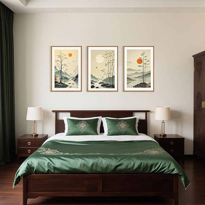 Celestdeco Chinoiserie Bamboo Forest Framed Canvas Wall Art Set, Nature Tree Lakes Wall Decor, Minimalist Zen Landscape Wall Painting, Watercolor Art Prints for Living Room, Bedroom, Office 24"X36"X3