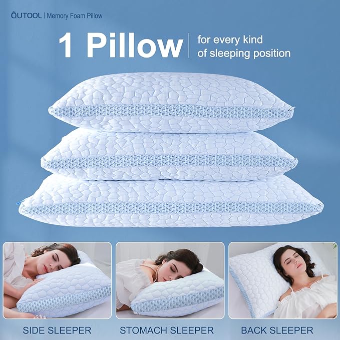 QUTOOL Enhanced Cooling Pillows for Sleeping, Shredded Memory Foam Pillows 2 Pack, Bed Pillows Queen Size Set of 2, Support Yet Soft Pillow for Side, Back Sleepers