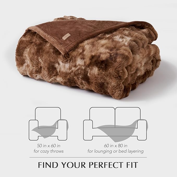 EVERGRACE Ultra Soft Luxury Fluffy Ridgeline Faux Rabbit Fur Throw Blanket, Thick Warm Bubble Throw for Bed, Cozy Plush Reversible Blankets for Couch, Chair, Sofa, Lion Caramel, 60x80 Inches, 870 GSM