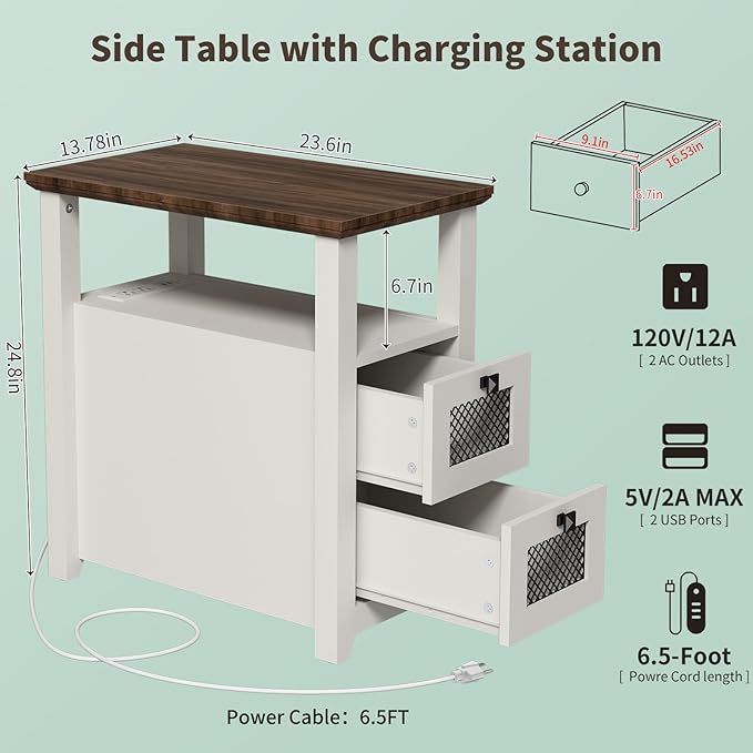 Farmhouse XXL End Table with Charging Station, Narrow Side Table with USB Ports and Outlets, Nightstand with 2 Drawers Storage, Bedside Tables for Living Room, Bedroom, Rustic Walnut White