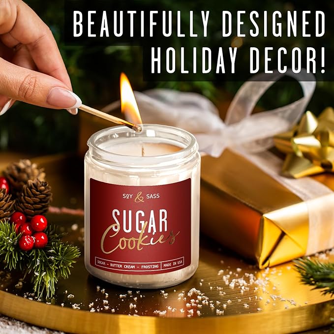 Sugar Cookie Candle, Cookie Candle – ‘Sugar Cookies’ Soy Candles, w/Sugar, Butter & Vanilla - Infused with Essential Oils I Christmas Candles I 9oz, 50 Hour Burn, Handmade in USA