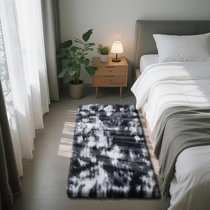 Fluffy Rug Shaggy Area Rug, Mottling Black 2x4 Area Rugs for Bedroom, Small Bedside Rug, Soft Fluffy Shaggy Entryway Throw Rugs for Living Room Bedroom Kids Room Home Decor