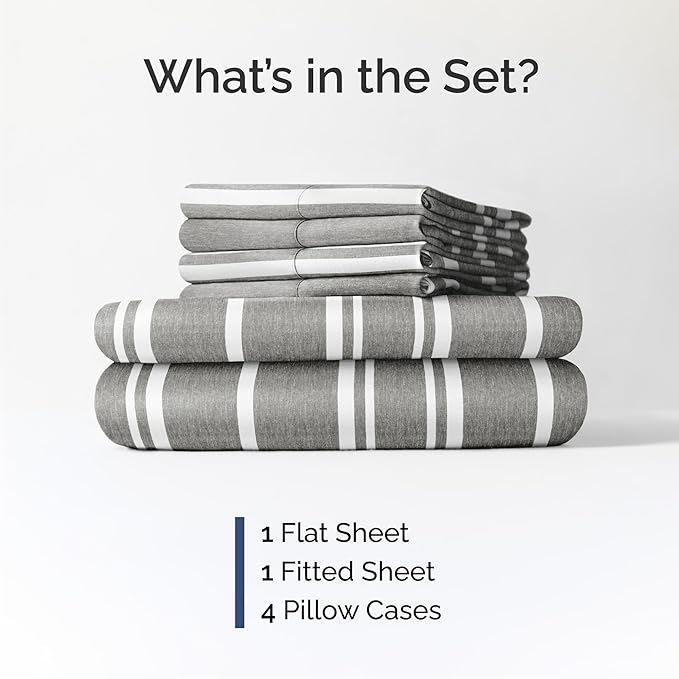 Cal King Sheets Set 6 Piece - Includes 4 Pillowcases - Bed Sheets Cal King Size - Soft Hotel Luxury Bedding - Cooling & Breathable - 1 Flat & 1 Fitted & 4 Pillowcases w/ Deep Pockets - Grey Stripes