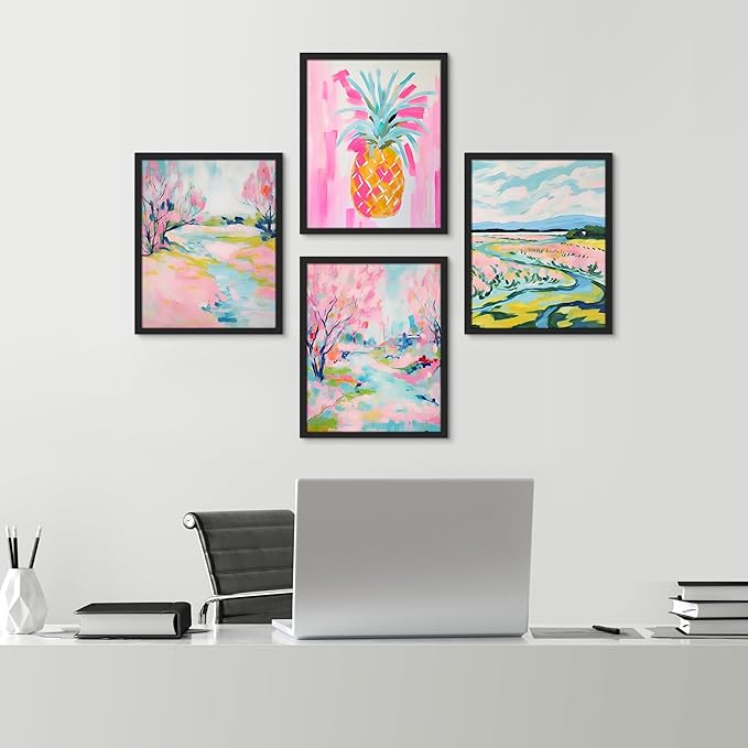 SIGNWIN Framed Vibrant Landscape and Pineapple Colorful Preppy Room Decor Pink Decor Digital Art Modern Art Decorative Multicolor Scenic for Bedroom - 12"x16"x4 Black
