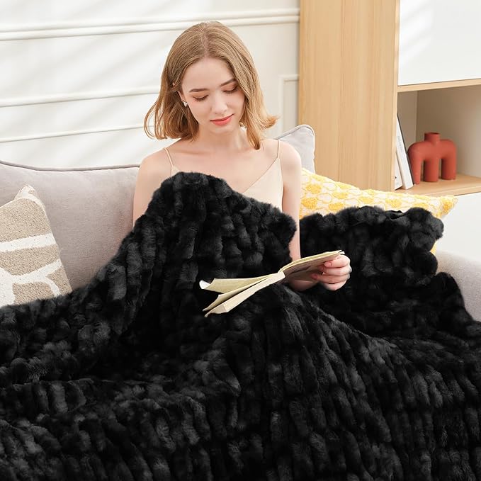 Ultra Soft Luxury Faux Fur Throw Blanket for Counch,Fuzzy Fluffy Plush Warm Cozy Elegant Wrinkled Blanket for Sofa Bedroom Living Room,（50"x60",Tie-dye Black）