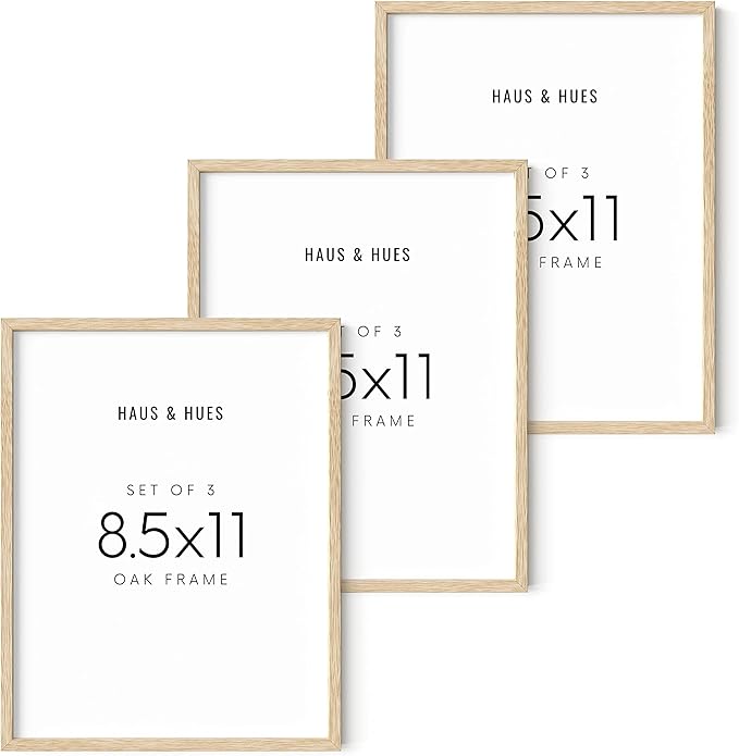 HAUS AND HUES Set of 3 Pennsylvania Oak Wood Picture Frames, 8.5x11 in, Beige, Minimalist Style, Shatterproof Plexiglass, Wall Mount, 3 Count