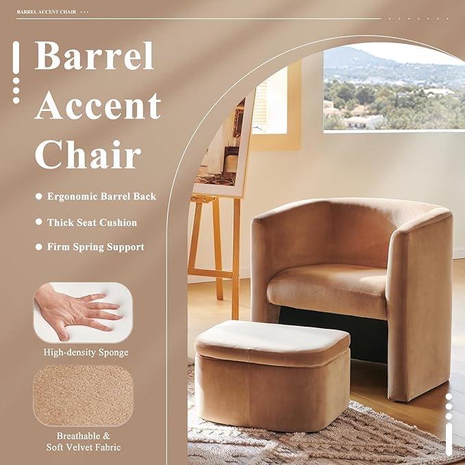 Mid-Century Velvet Living Room Chair with Storage Ottoman, Space-Saving Accent Chairs for Bedroom/Reading Spaces/Office, Khaki