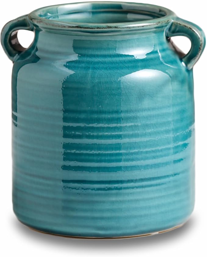 Ceramic Rustic Distressed Green Flower Vase for Centerpieces, Kitchen, Office or Living Room (5.9''x6.3'')