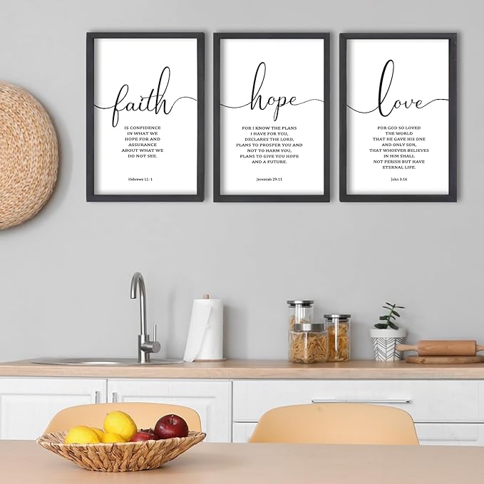 FZMHASLWW Faith Hope Love Sign Wall Decor 24"×16" Set of 3 Bible Verse Christian Scripture Wooden Framed Wall Hanging Art (Black)