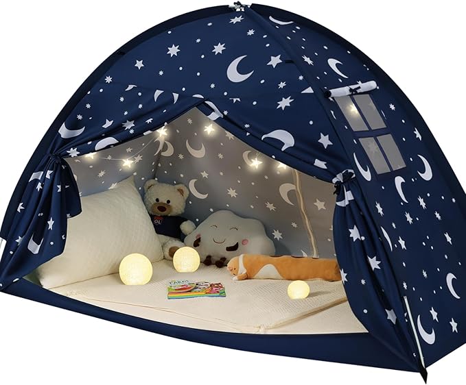 Twin Bed Tent for Kids, Twin Size Bed Canopy with Star Lights, Privacy Space Blackout Sleeping Tents, Indoor Breathable Portable Floor Bed Tent for Boys and Girls, Dark Moon & Stars