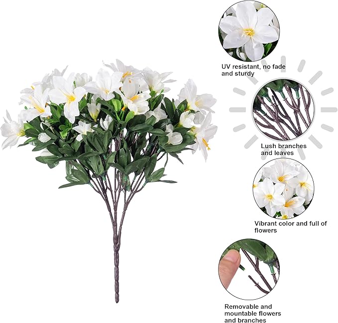 Artificial Flowers for Outdoors, 3 Bundles Fake Silk Azalea Bouquet Faux Flower Plants Outside Decoration UV Resistant Realistic Fake Flowers for Planter Front Door Patio Garden Walkways Home, White
