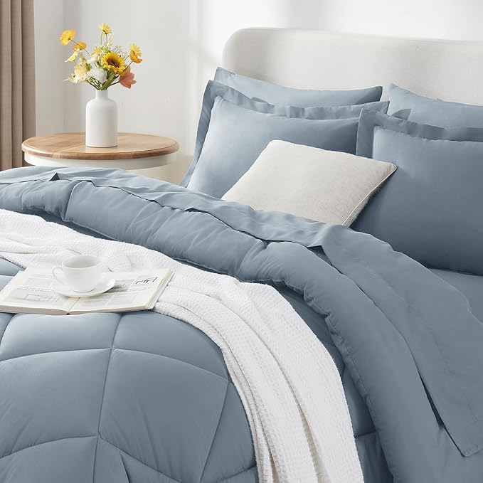 CozyLux King Size Comforter Set Dusty Blue - 7 Pieces Bed in a Bag King, Luxury Soft Bed Set for All Seasons, Bedding Set with Down Alternative Comforter, Sheets, Pillowcases & Shams, Grayish Blue