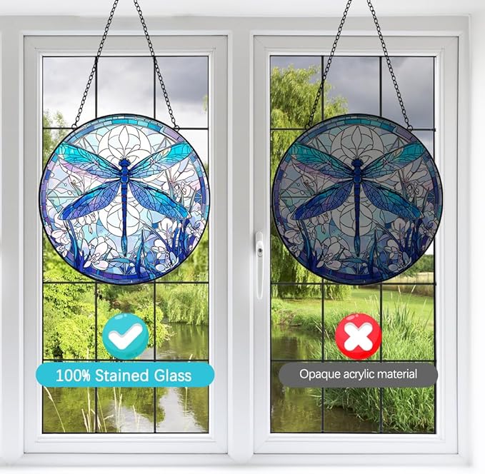 Dragonfly Suncatcher Stained Glass Window Hanging - 8” Stained Glass Suncatchers for Windows - Sun Catchers Indoor Window Catcher with Hooks and Chain - Birthday Gifts for Mom Grandma