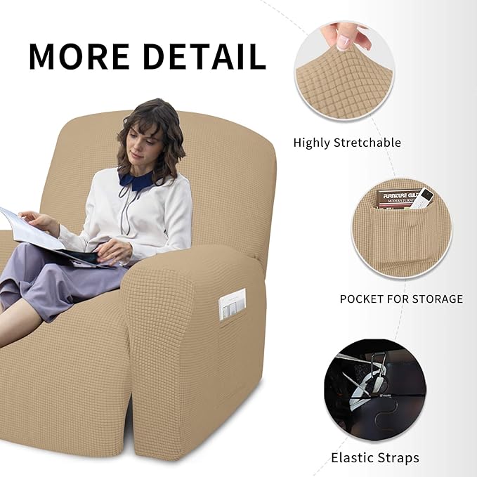 Easy-Going 4 Pieces Oversized Recliner Stretch Sofa Slipcover Sofa Cover Furniture Protector Couch Soft with Elastic Bottom Polyester Spandex Jacquard Fabric Small Checks Sand X-Large