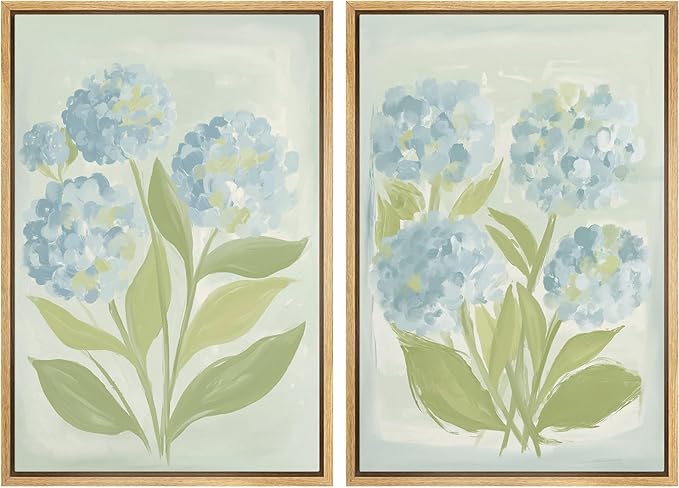 SIGNFORD Framed Canvas Print Wall Art Set Soft Hydrangea Pair Light Blue Florals with Green Leaves Illustration Modern Art Decorative Nature for Living Room, Bedroom, Office - 16"x24"x2 Natural